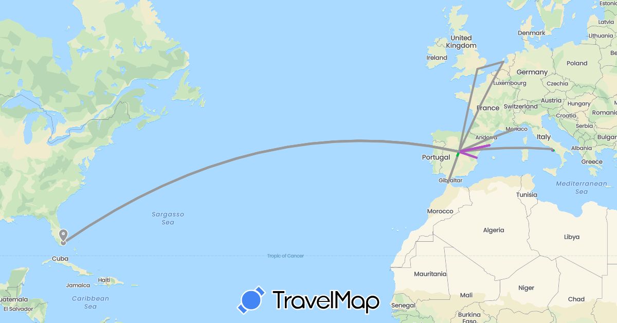 TravelMap itinerary: driving, bus, plane, train in Spain, France, United Kingdom, Italy, Morocco, Monaco, Netherlands, United States (Africa, Europe, North America)