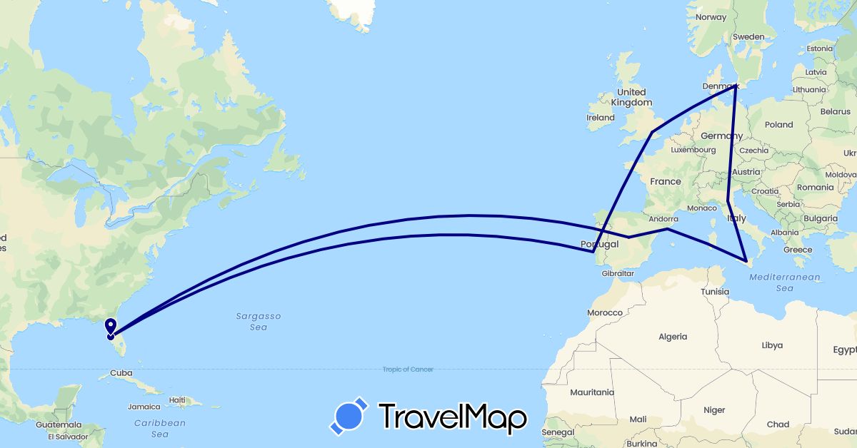 TravelMap itinerary: driving in Denmark, Spain, United Kingdom, Italy, Portugal, United States (Europe, North America)
